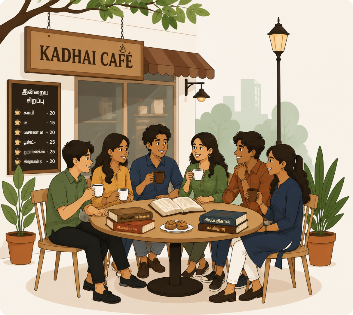 Friends reading and enjoying coffee at Kadhai Cafe
